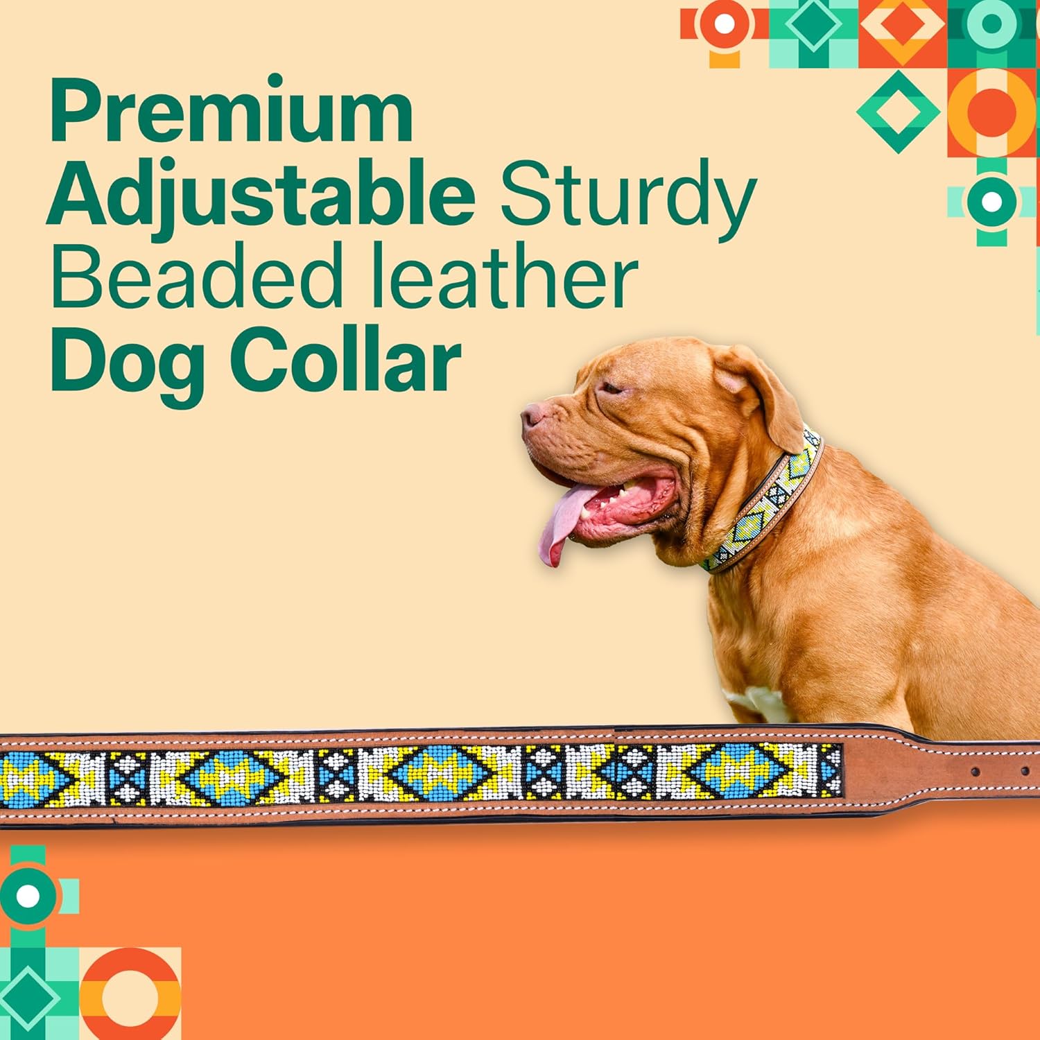 Adil’s Beaded Leather Dog Collar, Hand Tooled Adjustable with Strong Metal Buckle